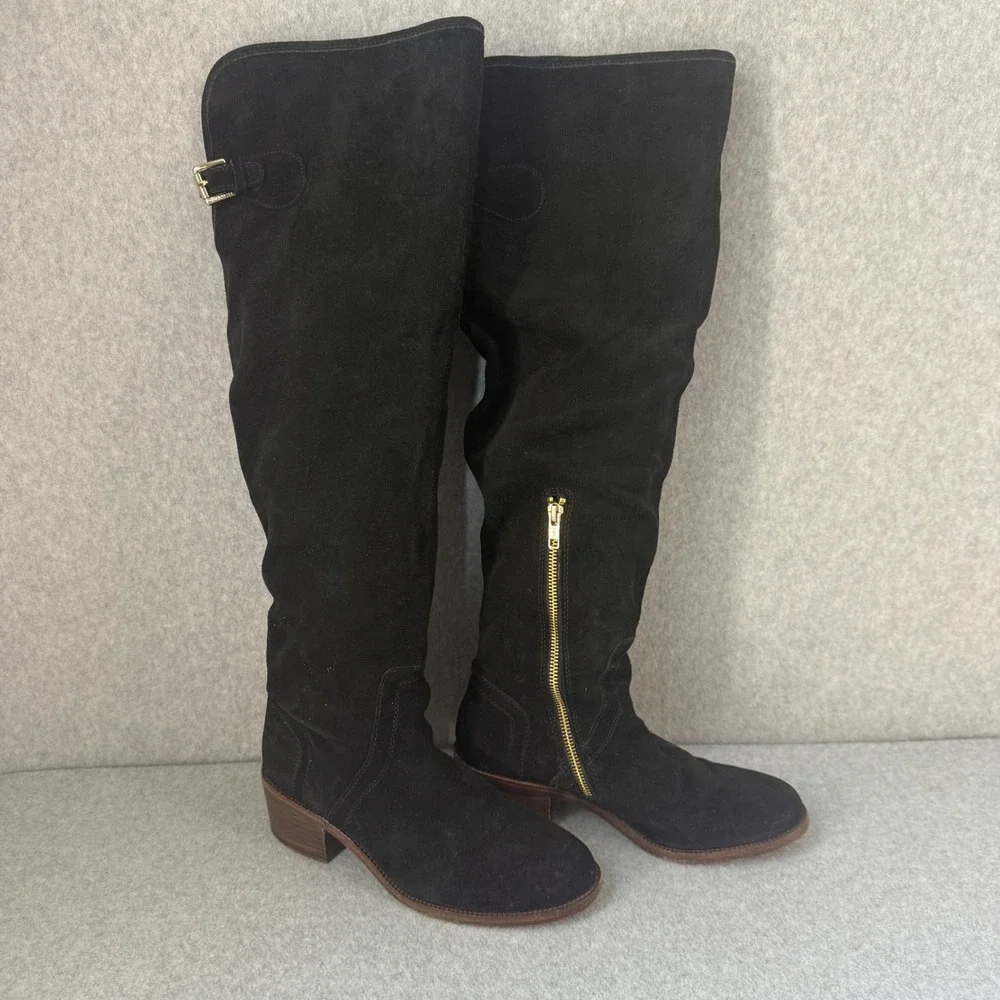 Coach Palmera 2 Over The Knee Boots Suede Leather Gold Zipper Buckle Black 8B